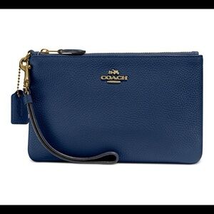 Coach Deep Blue Polished Pebbled Leather Zipper Wristlet